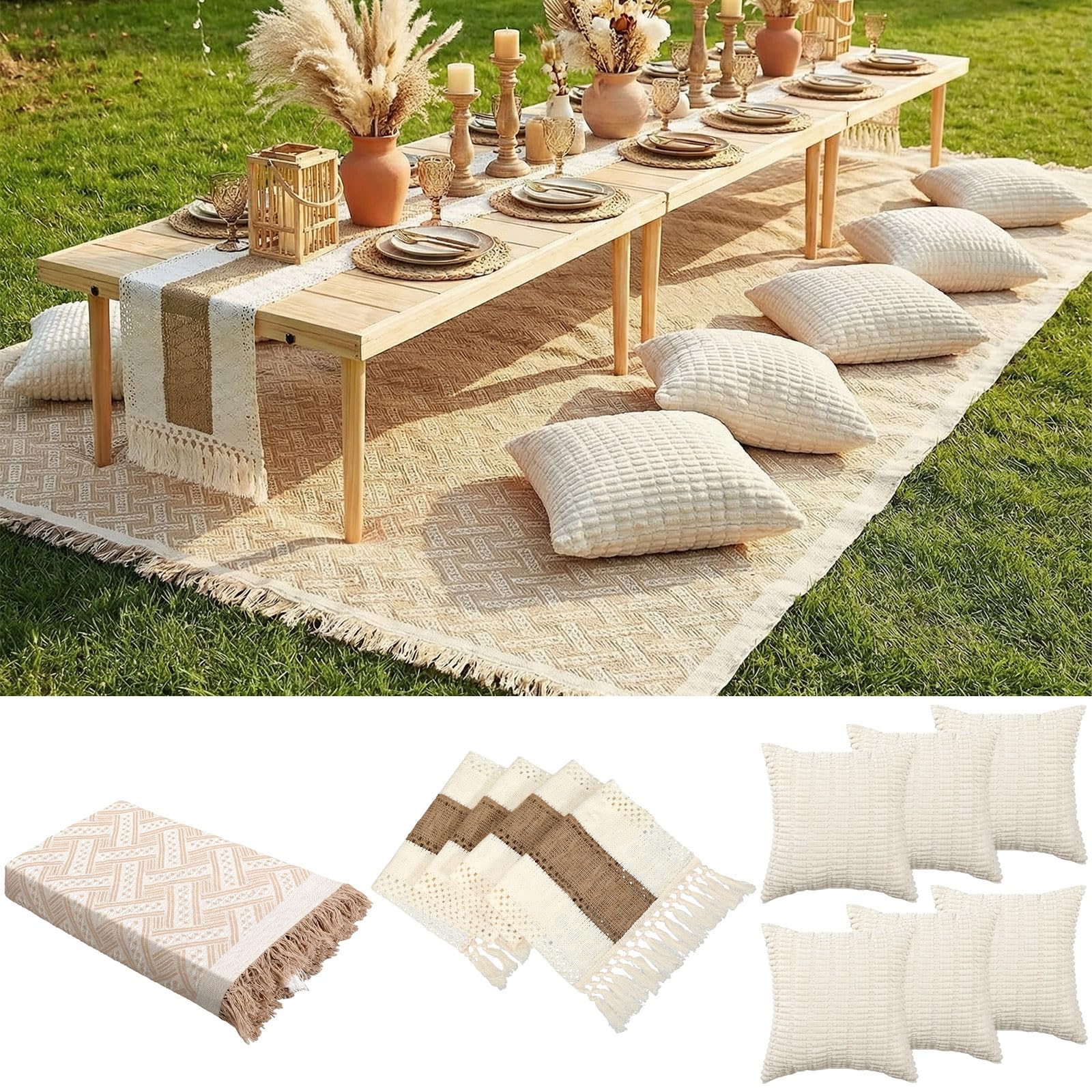 Beeveer front view of full boho blanket set showing coordinated pieces and tassels
