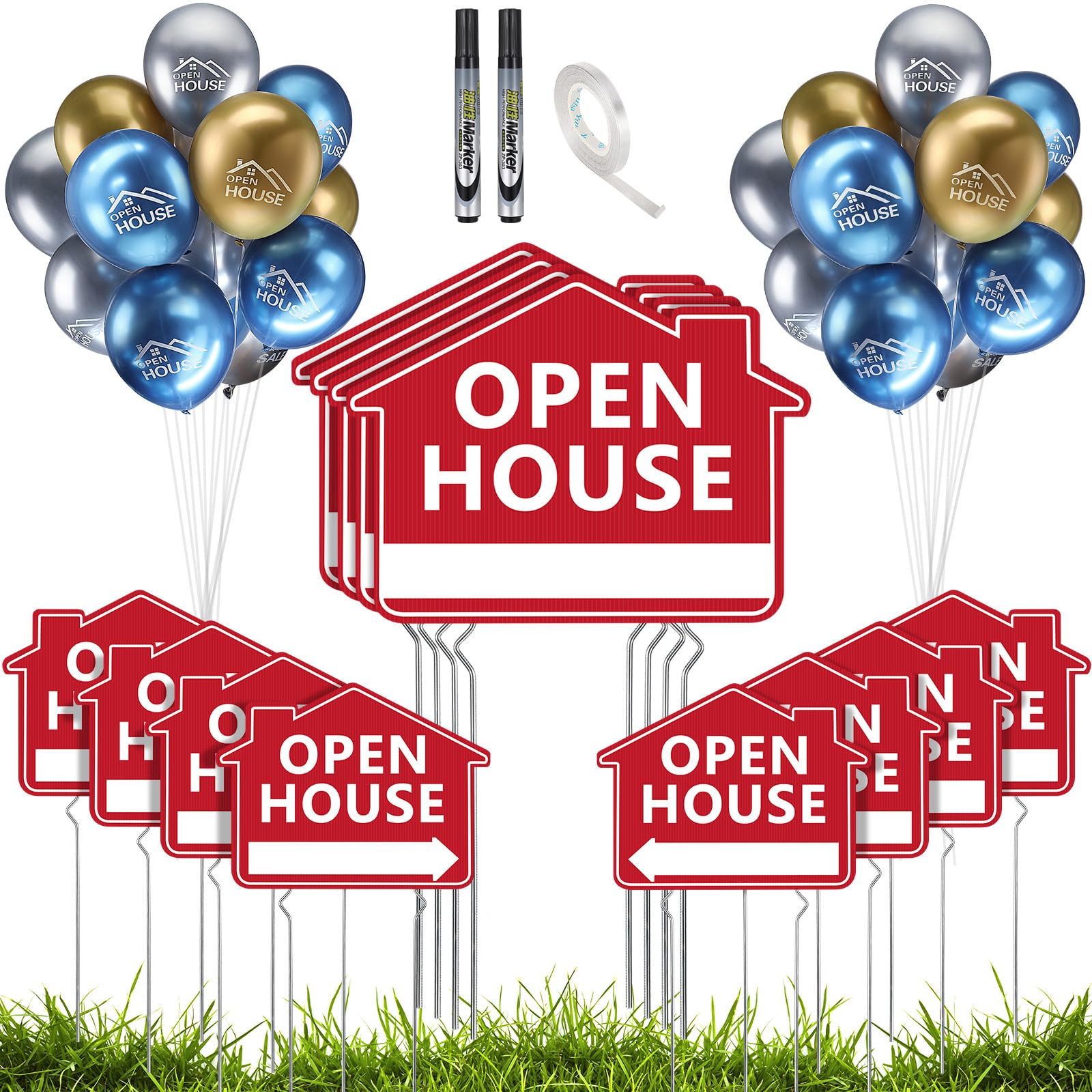 Beeveer front view of sign kit showing signs and balloons for visible open houses