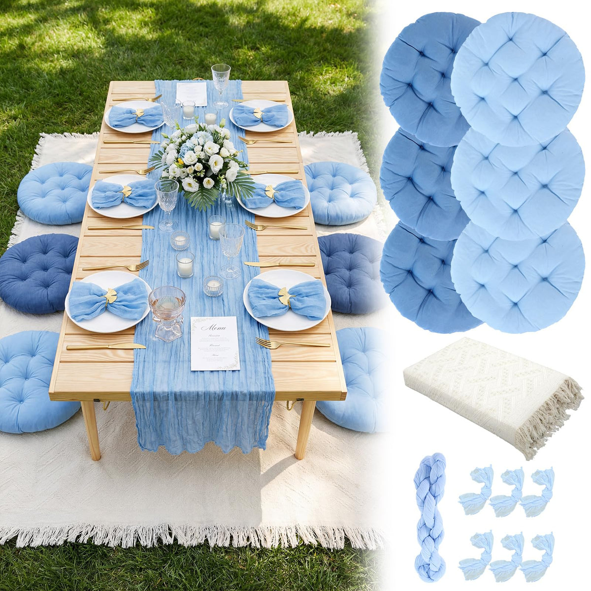 Beeveer front view of full picnic set showing blanket, runner and cushions for stylish gatherings