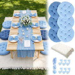 Beeveer front view of full picnic set showing blanket, runner and cushions for stylish gatherings