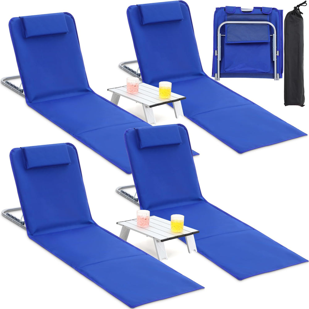 Beeveer front view showing four deep blue chaise chairs and two folding side tables for group convenience