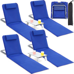 Beeveer front view showing four deep blue chaise chairs and two folding side tables for group convenience