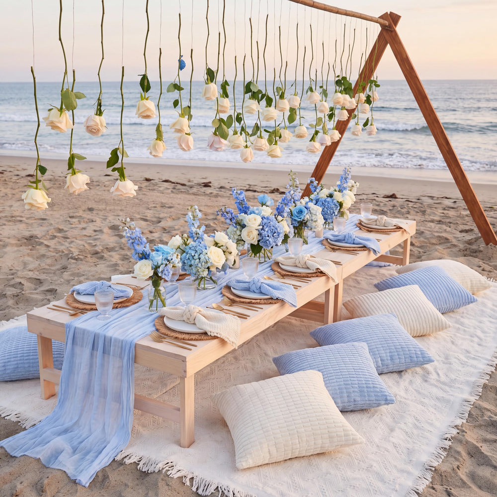 Beeveer picnic in use on sand with people, kit organizes outdoor dining
