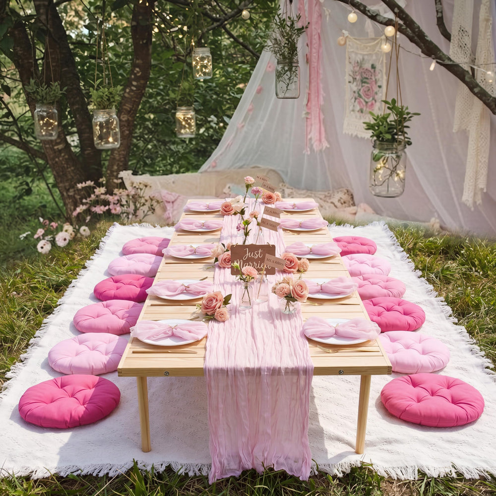 Beeveer table runner draped on table showing length and elegant hang