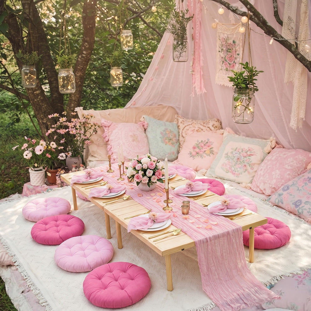 Beeveer table runner styled on outdoor table creating coordinated decor
