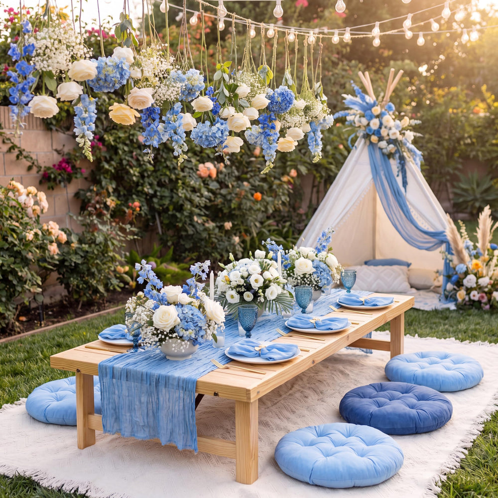 Beeveer table runner draped on outdoor table adding coordinated color and elegant coverage