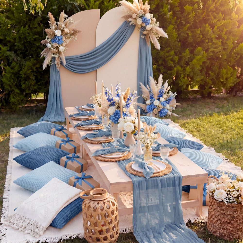 Beeveer gray-blue table runner on wooden table adding rustic charm