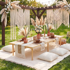 Beeveer table runner flat lay showing tasseled edge and rustic tabletop styling benefit
