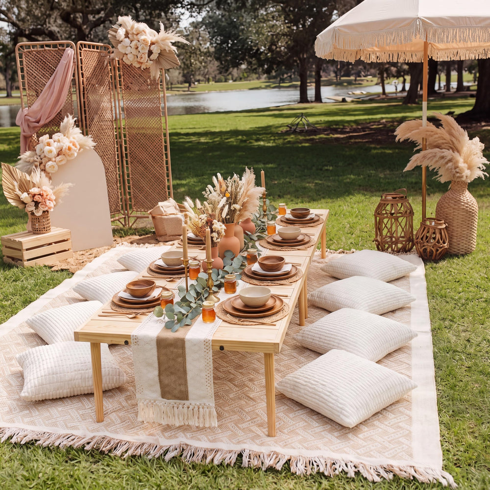 Beeveer table runner laid on picnic table showing coordinated rustic look