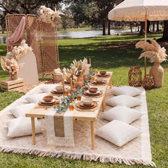 Beeveer table runner laid on picnic table showing coordinated rustic look