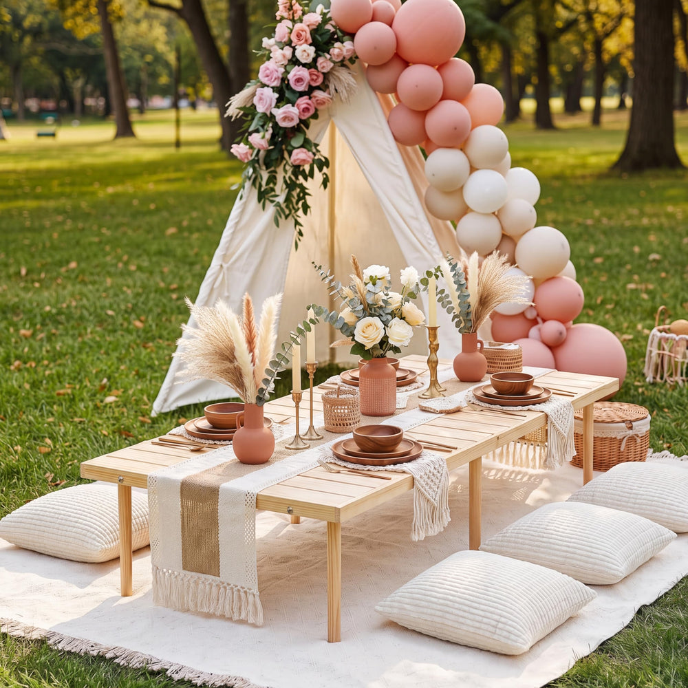 Beeveer table runner on low table showing event styling and surface protection benefit