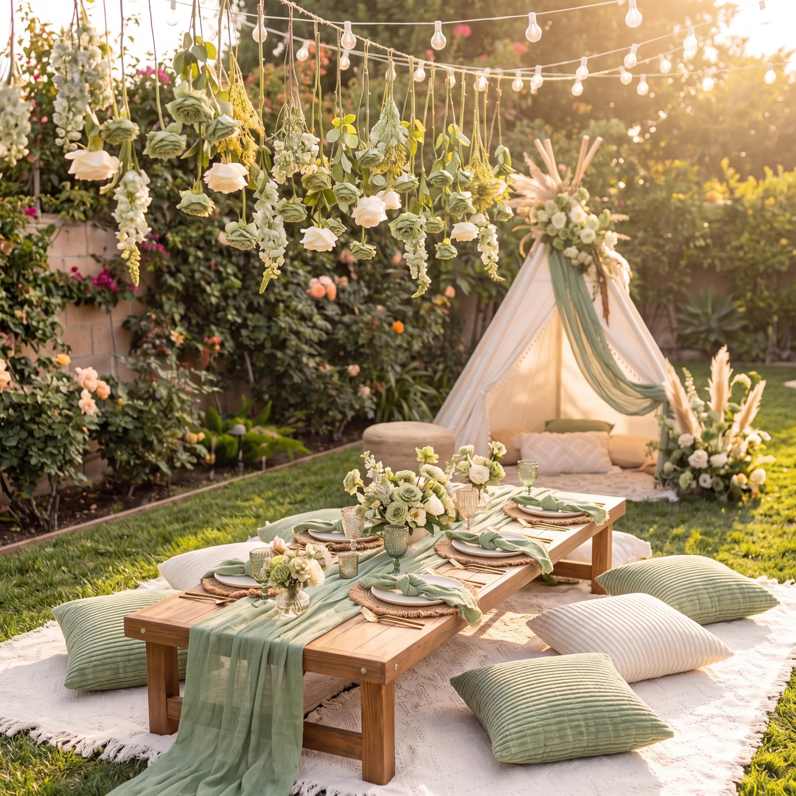 Beeveer wedding table setup with runner and pillows creating cohesive boho decor