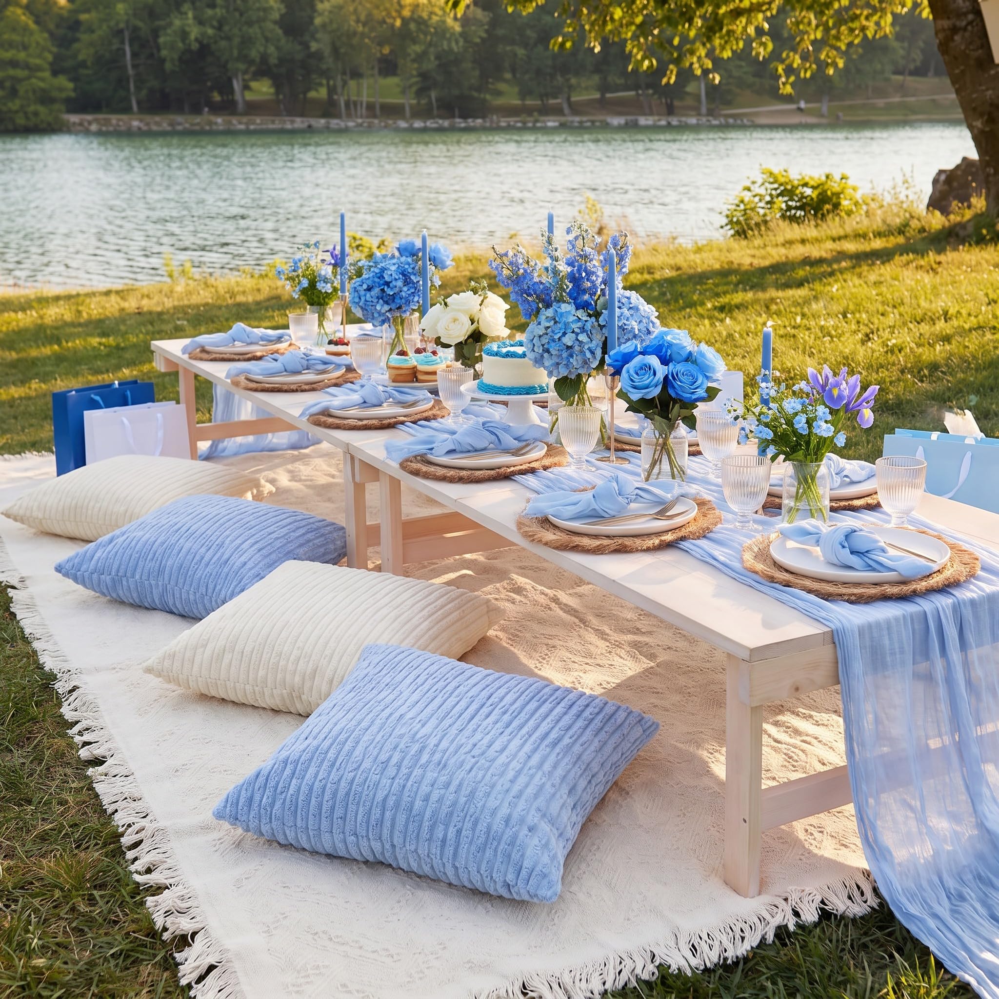 Beeveer wedding table styled with runner and pillows, creates rustic mood