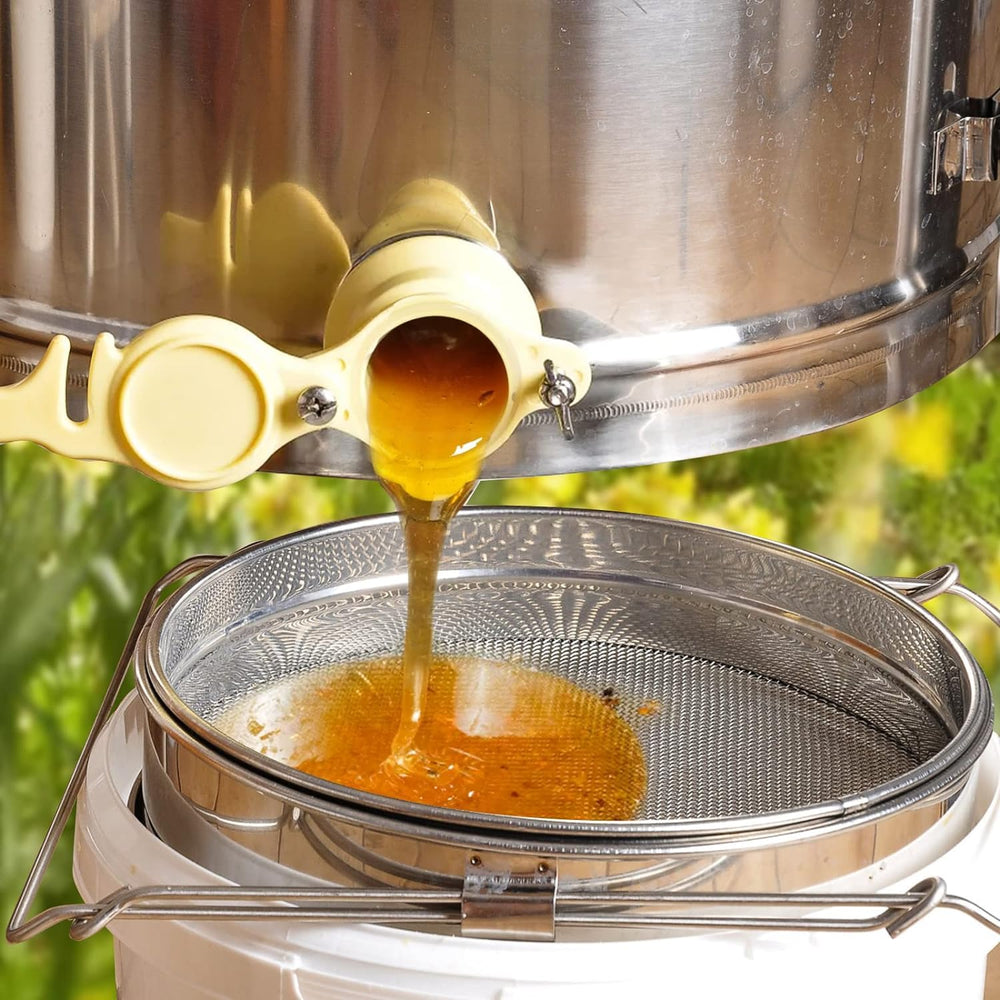 BEEXTM strainer over 5-gallon bucket showing scale and proper setup