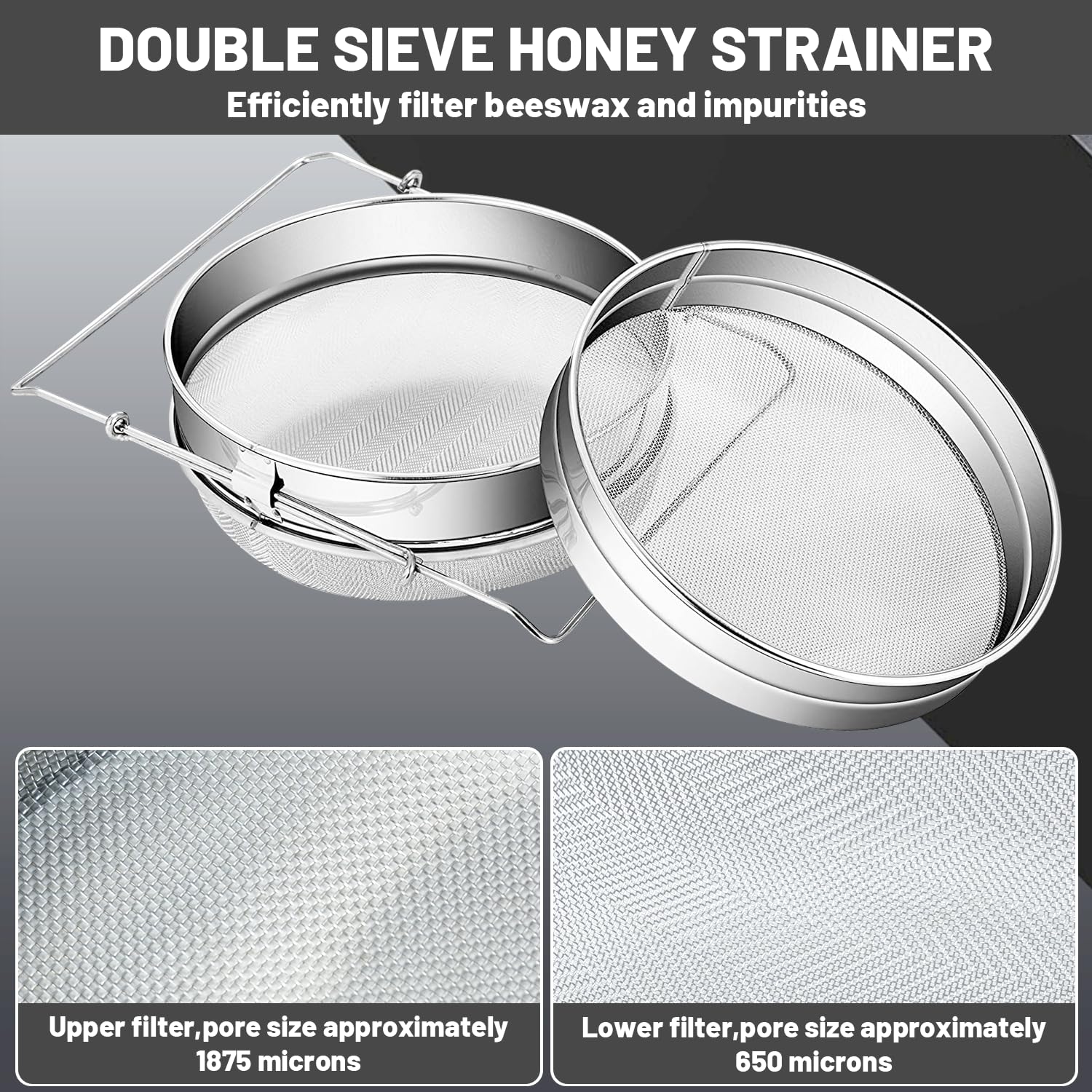 BEEXTM in-use strainer pouring honey into a bucket for clean extraction