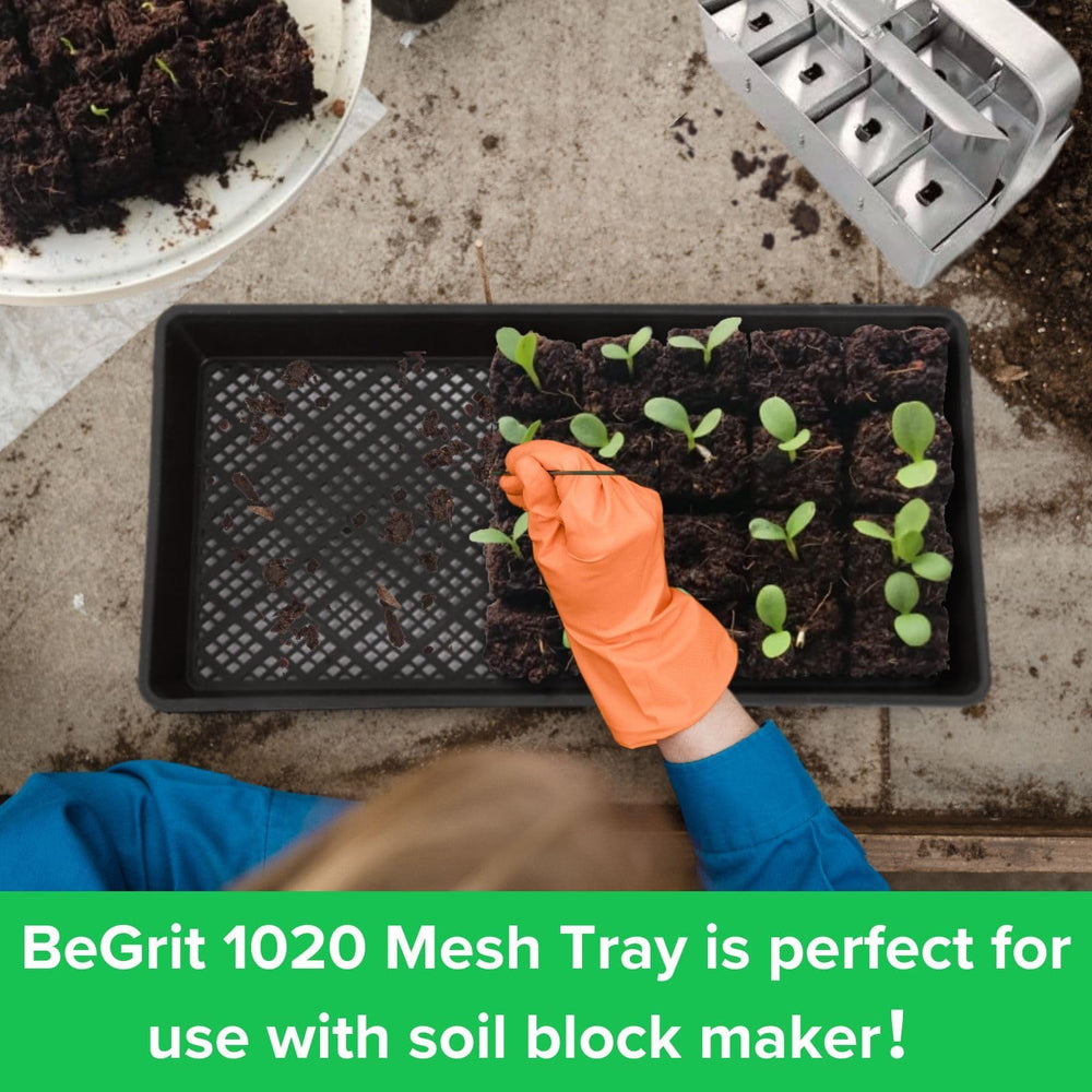 BeGrit tray holding soil blocks demonstrating stable support and improved drainage