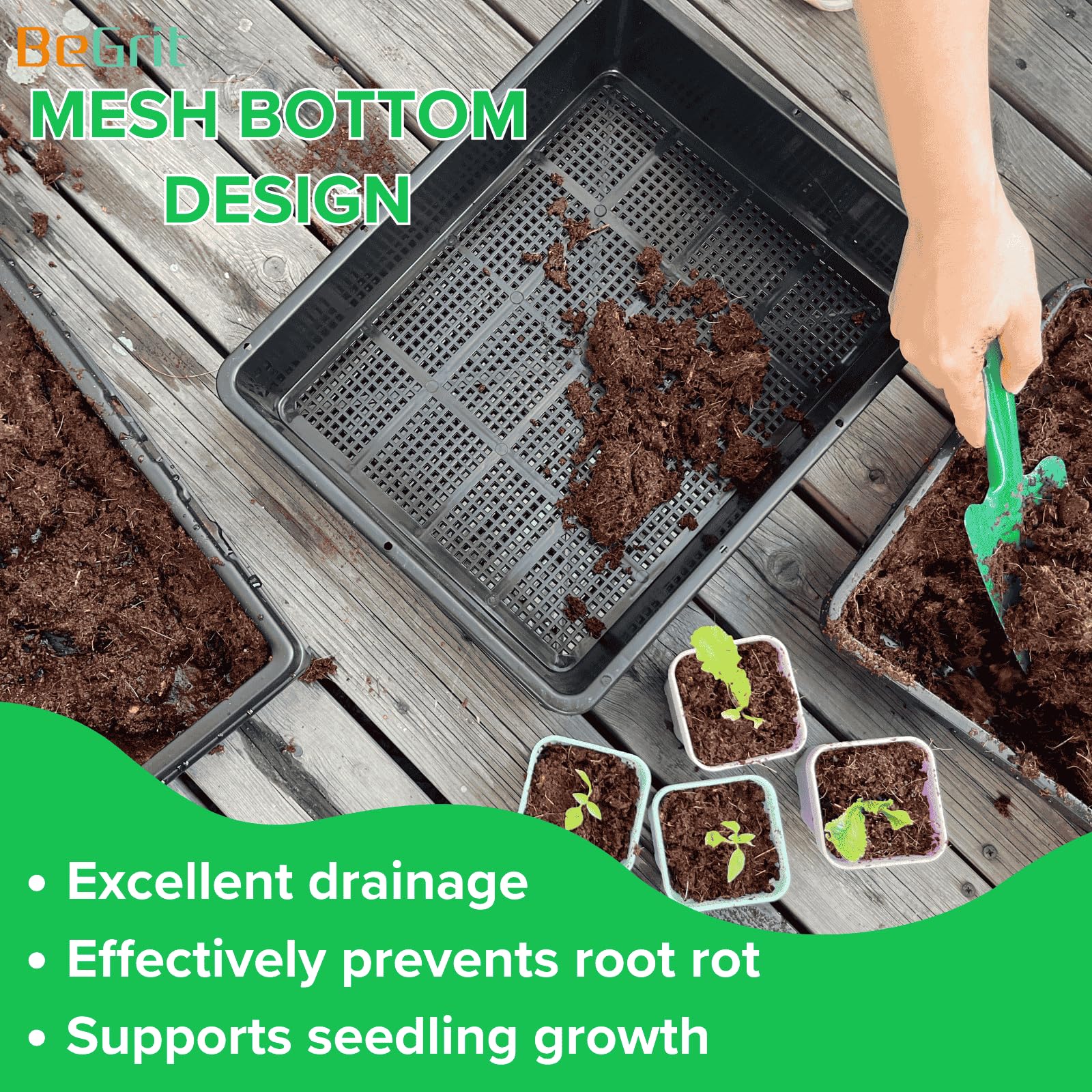 BeGrit stacked trays for compact storage saving space and keeping multiples ready for reuse