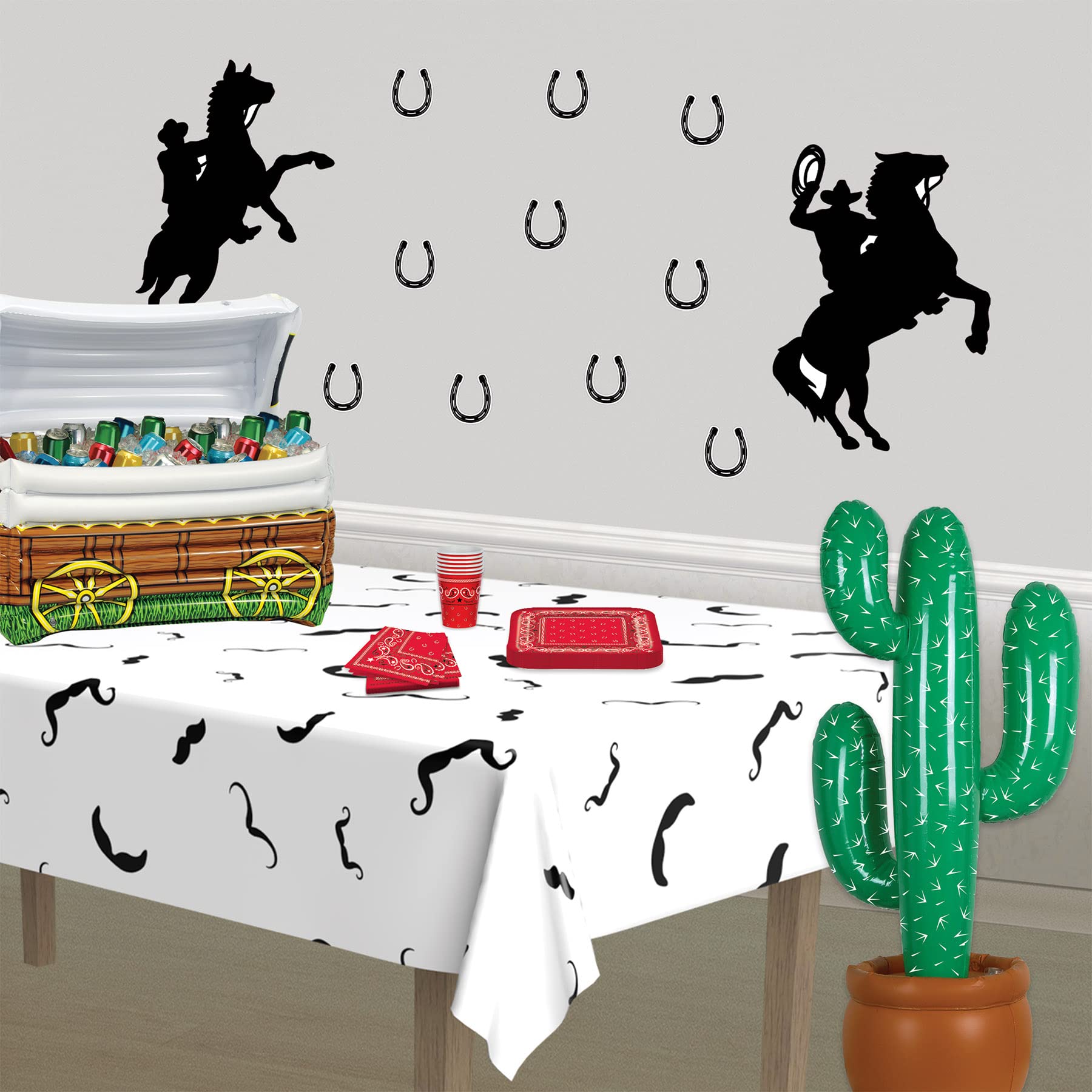 Beistle cactus next to chair showing 35-inch size and scale for event planning