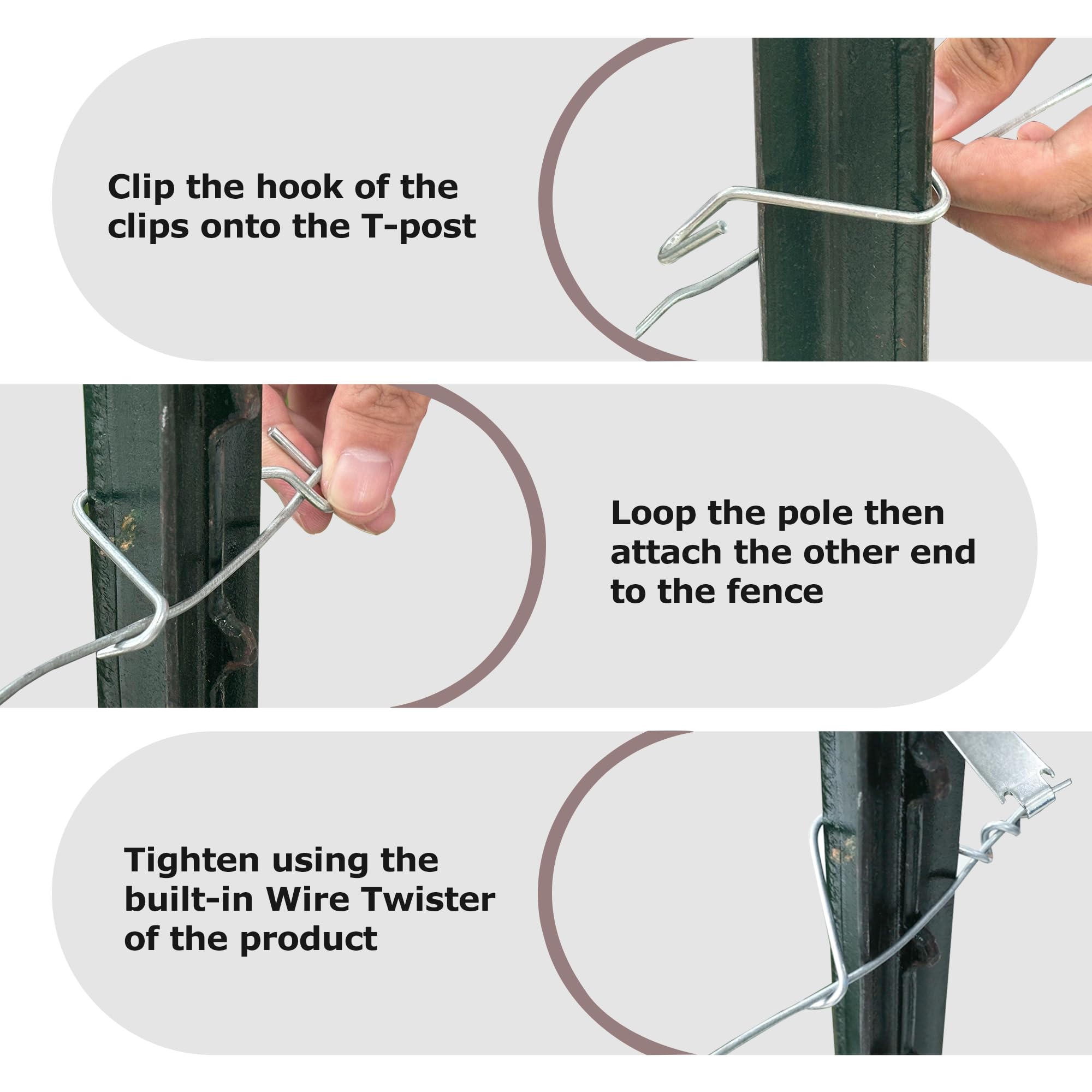 BEIYI clip attached to T-post side view, secure post-to-wire fastening