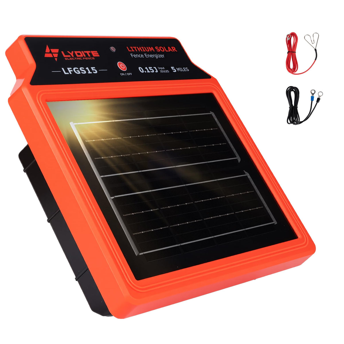 BEIYI LFGS15 front view showing compact energizer and integrated solar panel, reliable protection