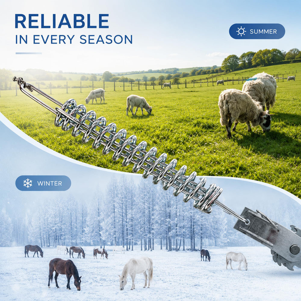 BEIYI installed at farm gate in pasture illustrating reliable fence tensioning