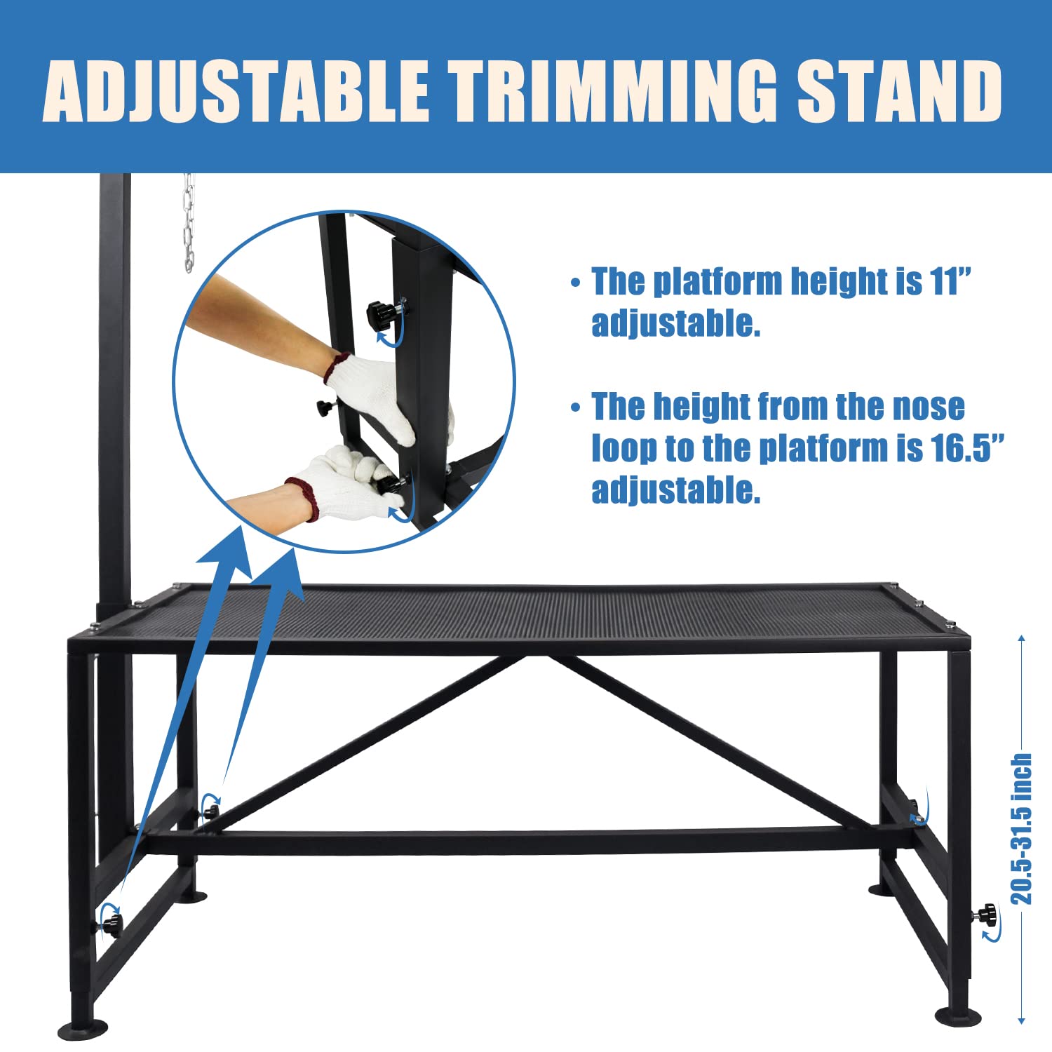 Belinova platform height adjustment detail, shows range and stability for trimming and milking