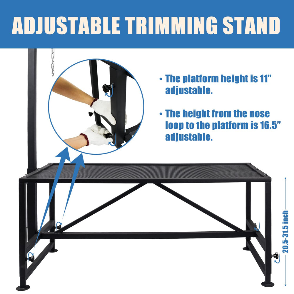 Belinova platform height adjustment detail, shows range and stability for trimming and milking