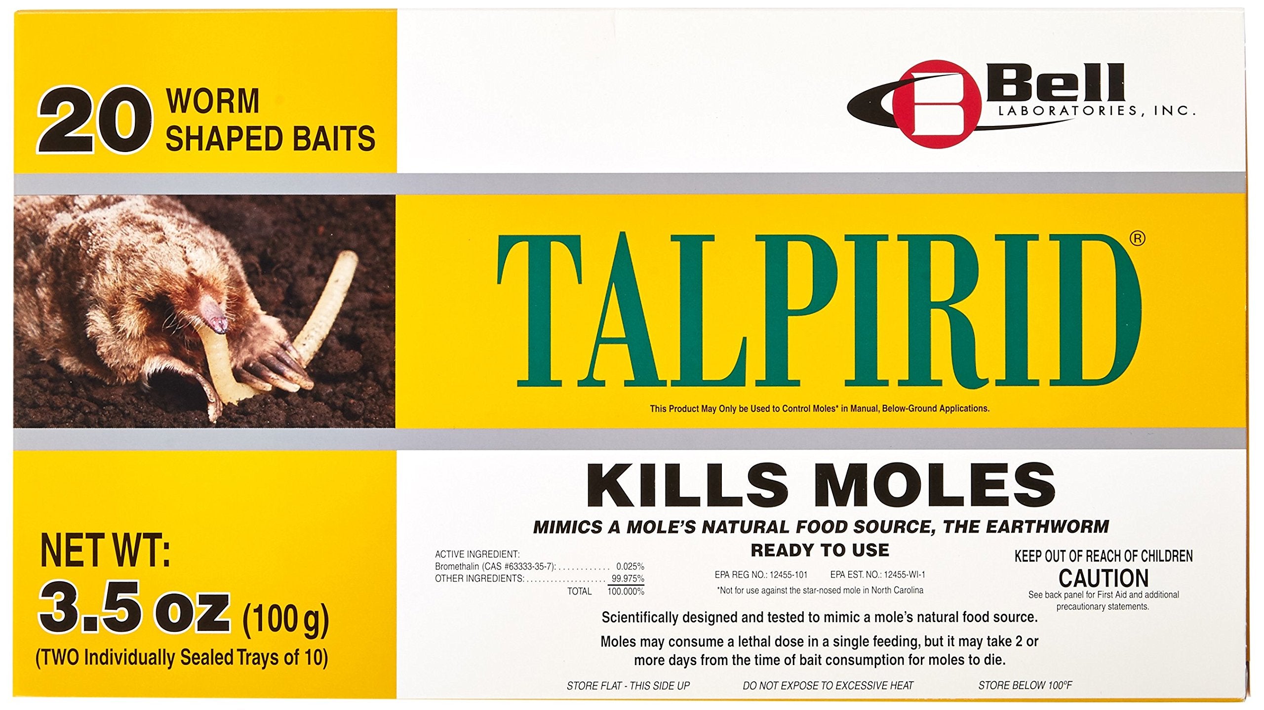 Bell Laboratories Talpirid front packaging showing worm bait and fast mole control