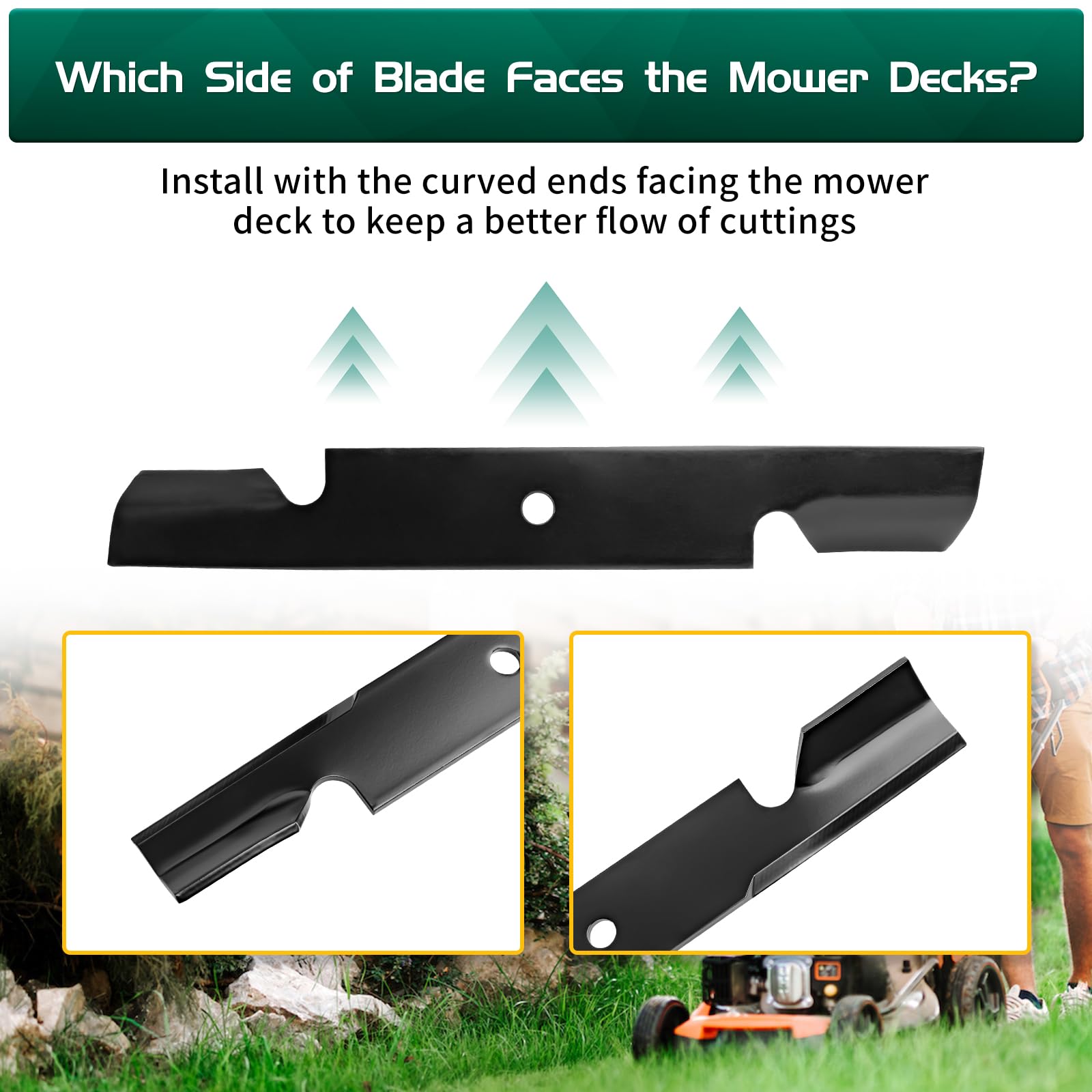 Belleone blade cutting grass with side discharge showing efficient clipping movement benefit