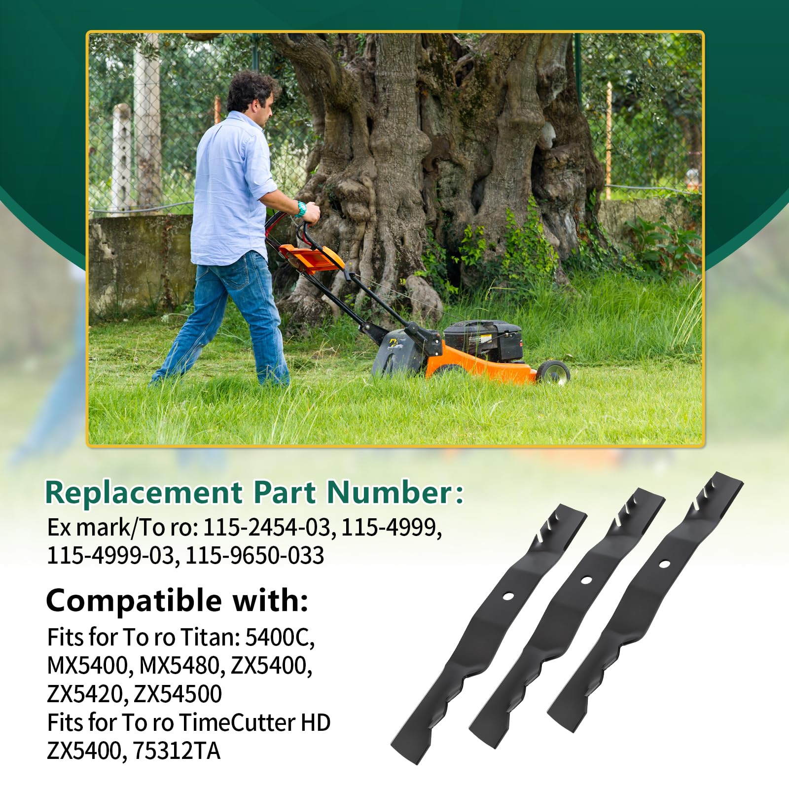 Belleone blade installed on zero-turn mower showing compatibility benefit