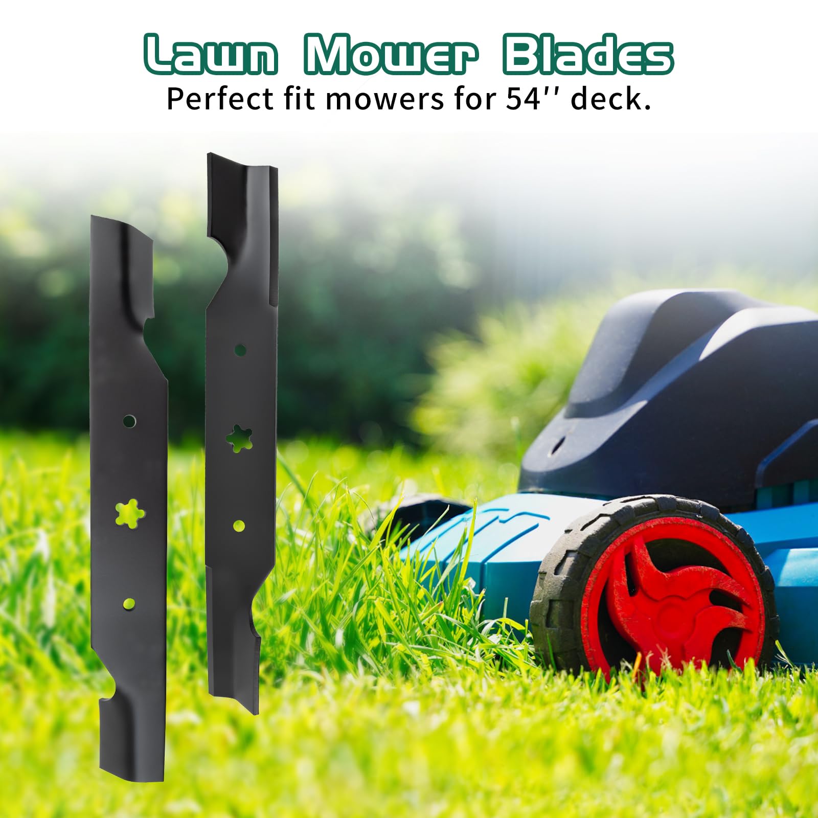 Belleone mower cutting grass with installed blades for uniform finish
