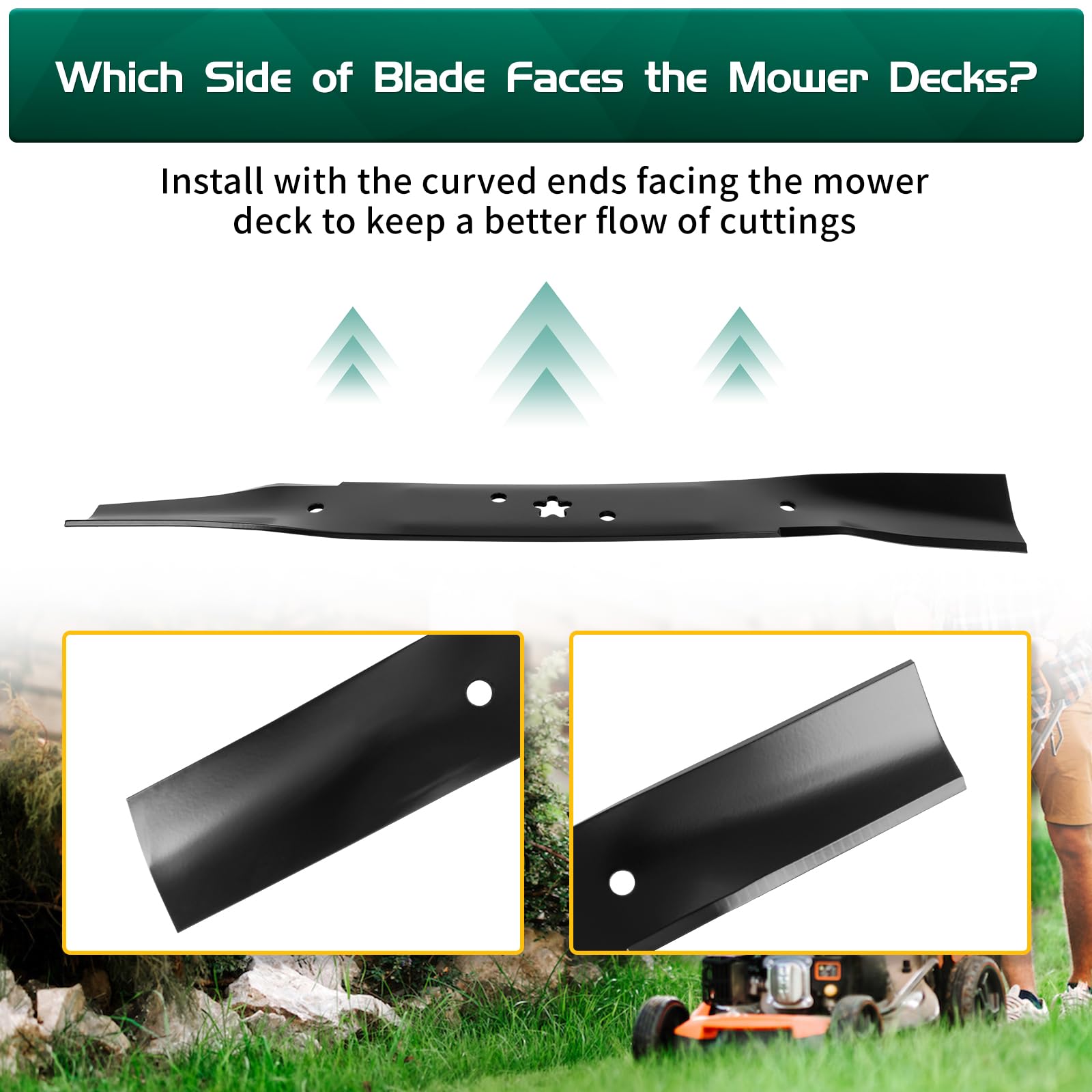 Belleone blade cutting grass illustrating efficient mowing and finish benefit