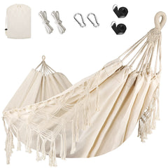 Bellzacasa double hammock full view showing spacious beige canvas and tassels for relaxed lounging