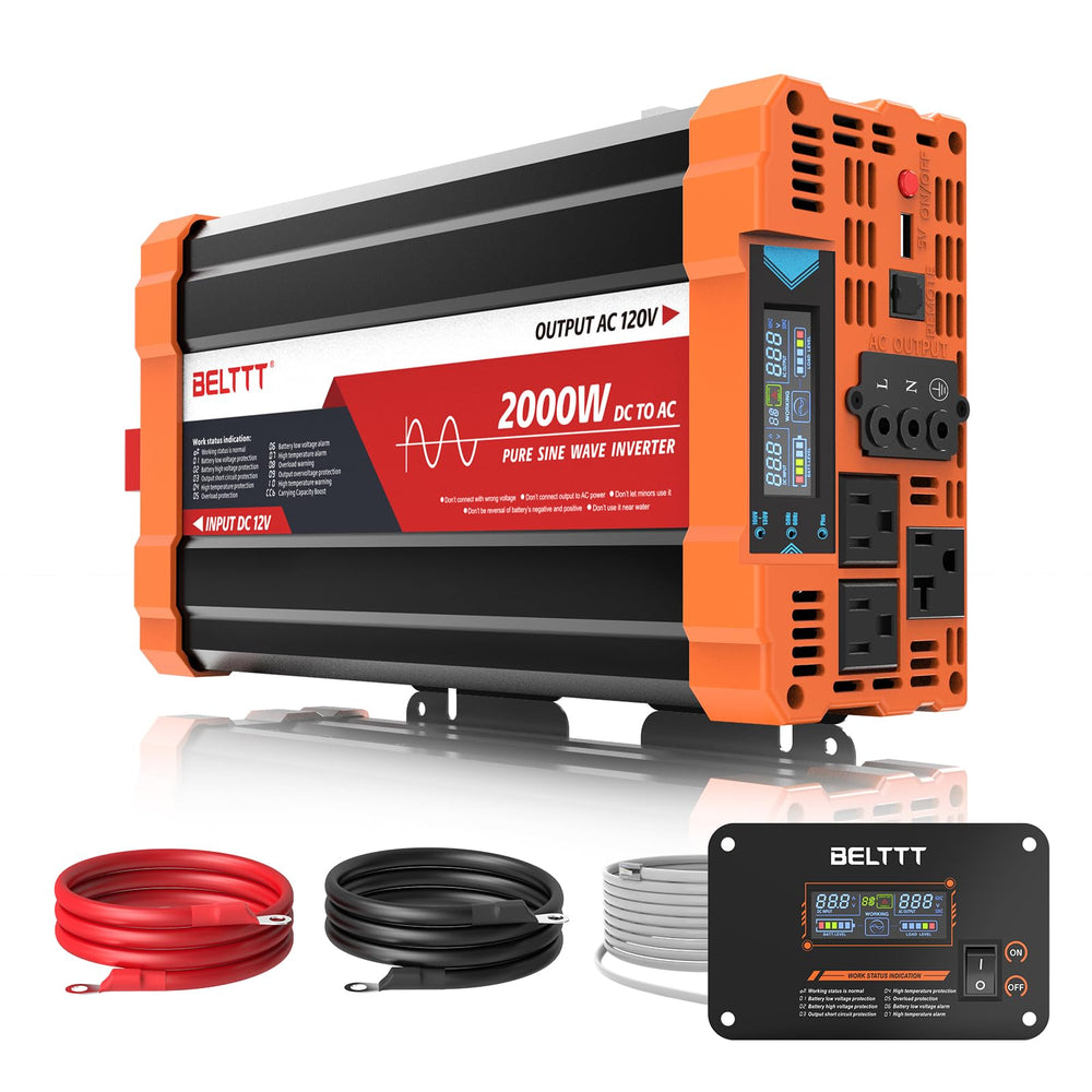 BELTTT inverter front panel showing sockets and controls for easy hookups