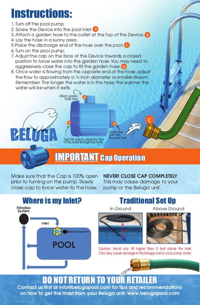 Beluga Pool Solutions 1652 attached to hose laid in sun demonstrating passive solar heating benefit