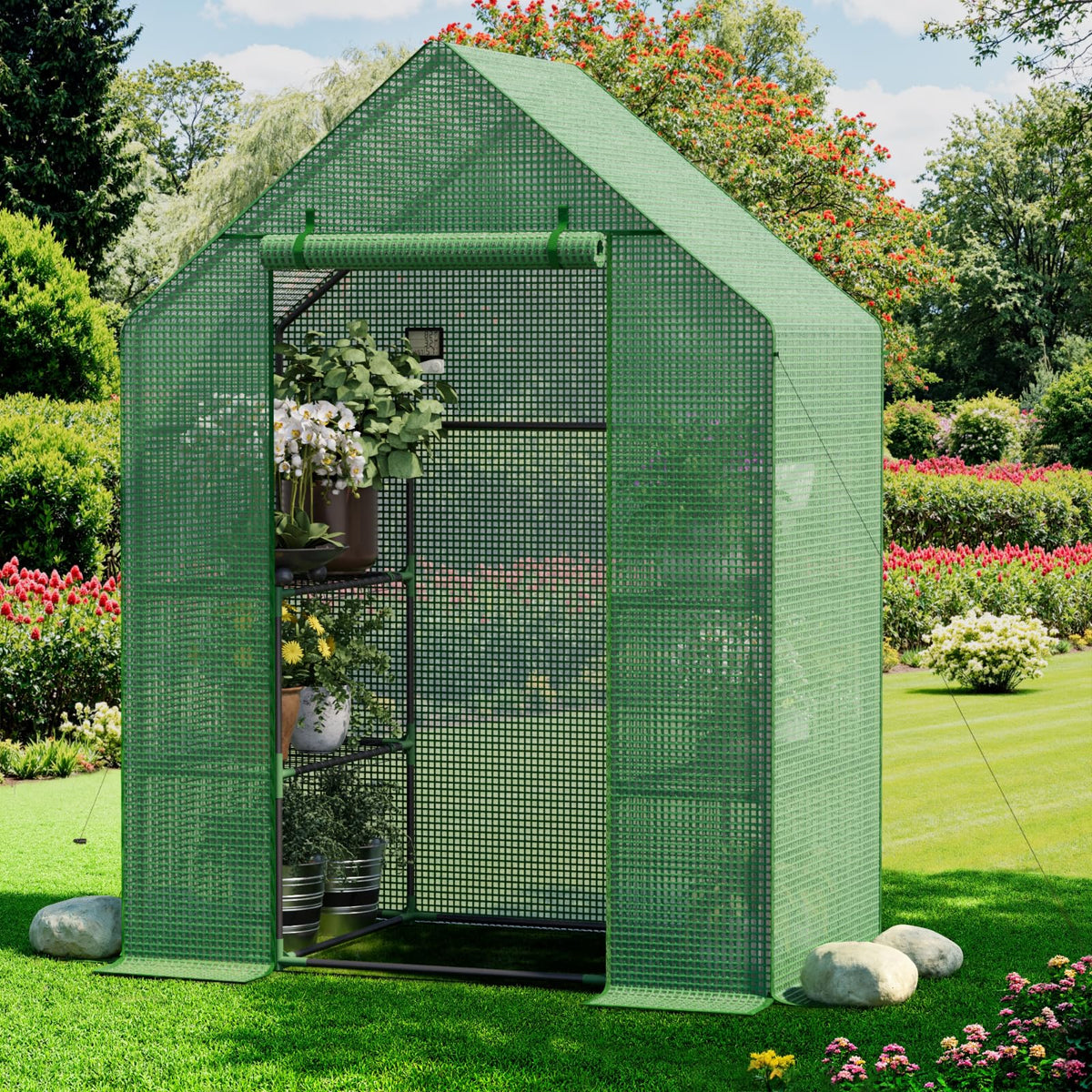 Benass front view assembled greenhouse showing organized plant protection