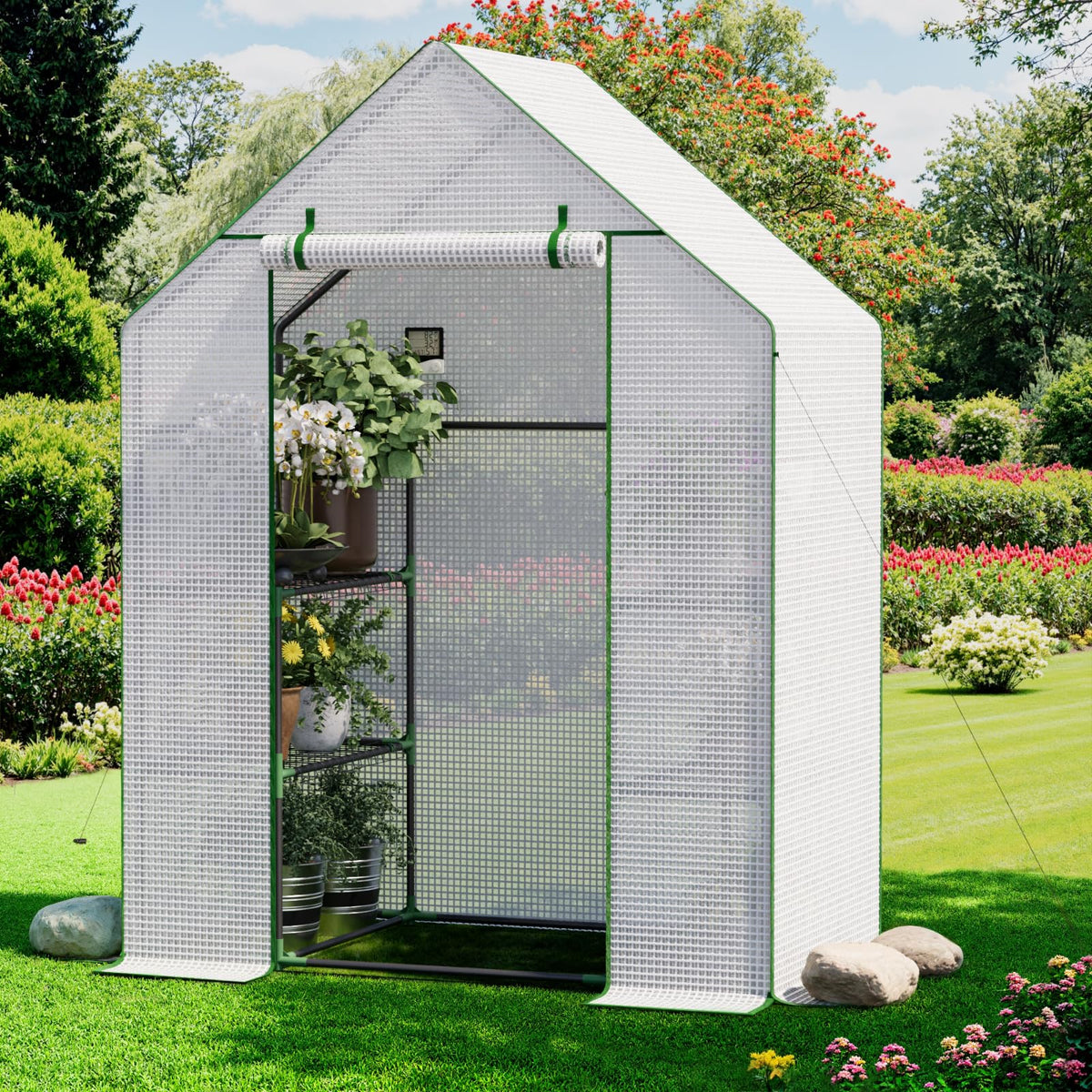 Benass front view closed showing compact greenhouse protecting plants