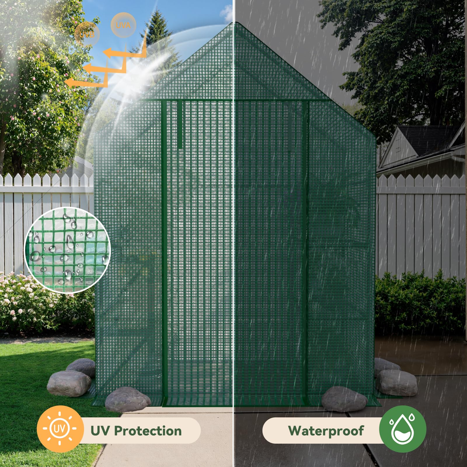 Benass PE cover detail showing reinforced grid fabric and weatherproofing