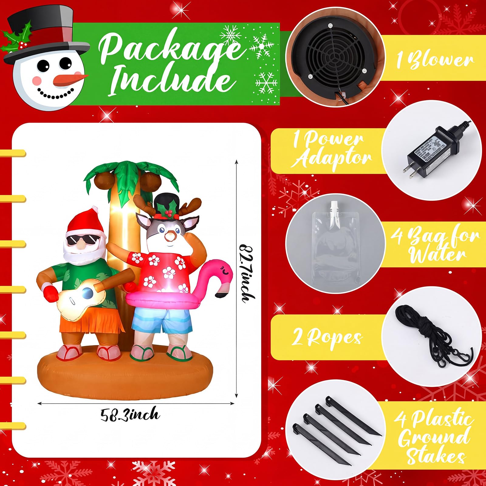 Bencailor closeup of Hula Santa face and outfit, highlights cheerful design and durable fabric