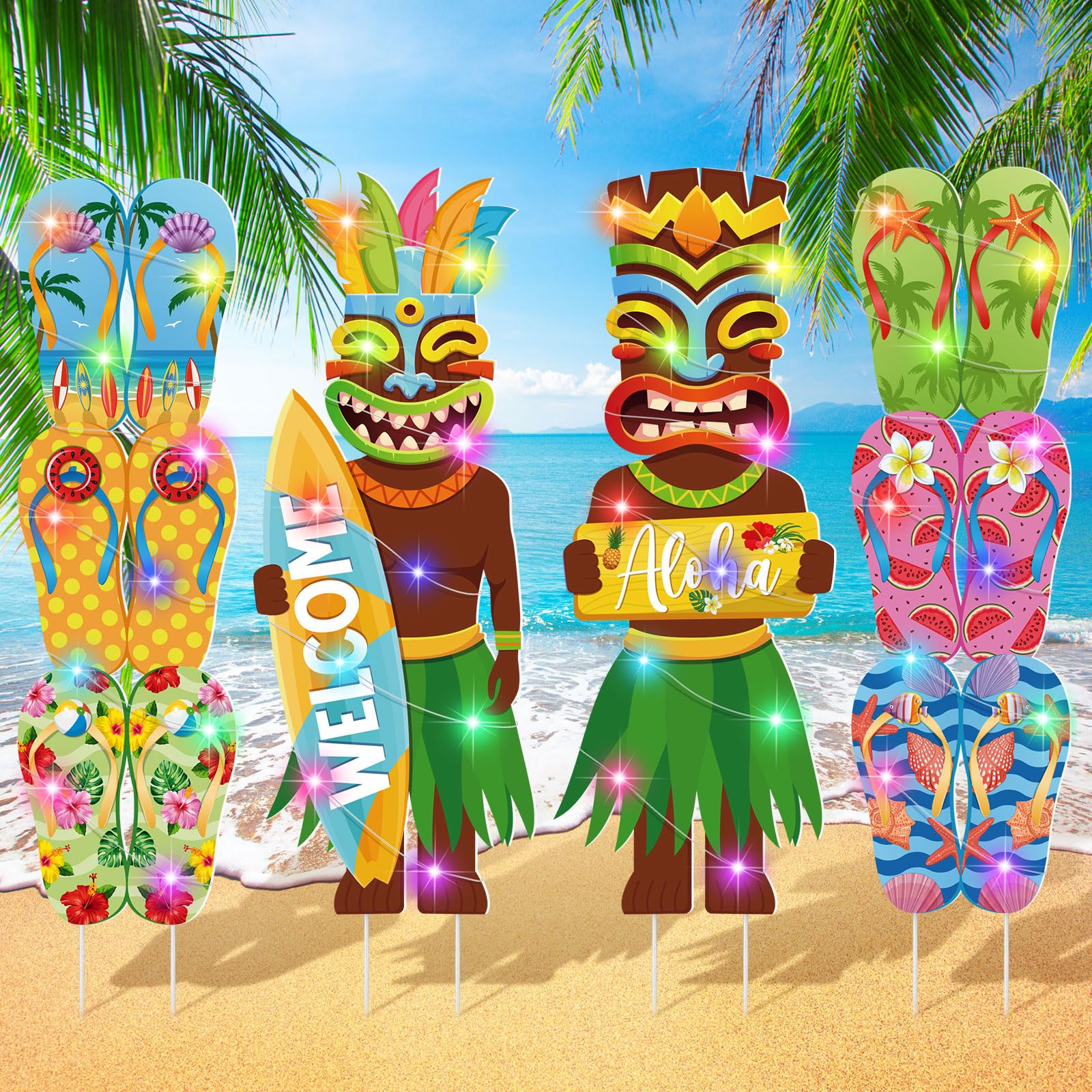 Bencailor front view of tiki yard sign adding tropical curb appeal