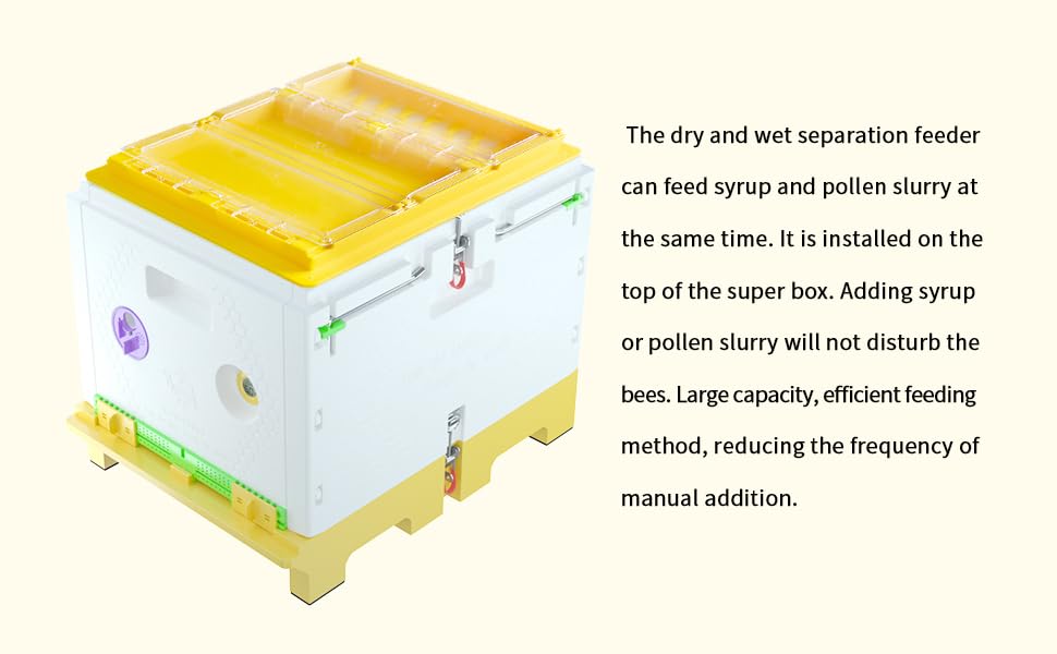 Benefitbee feeder next to a 10-frame for scale showing fit for standard hives benefit