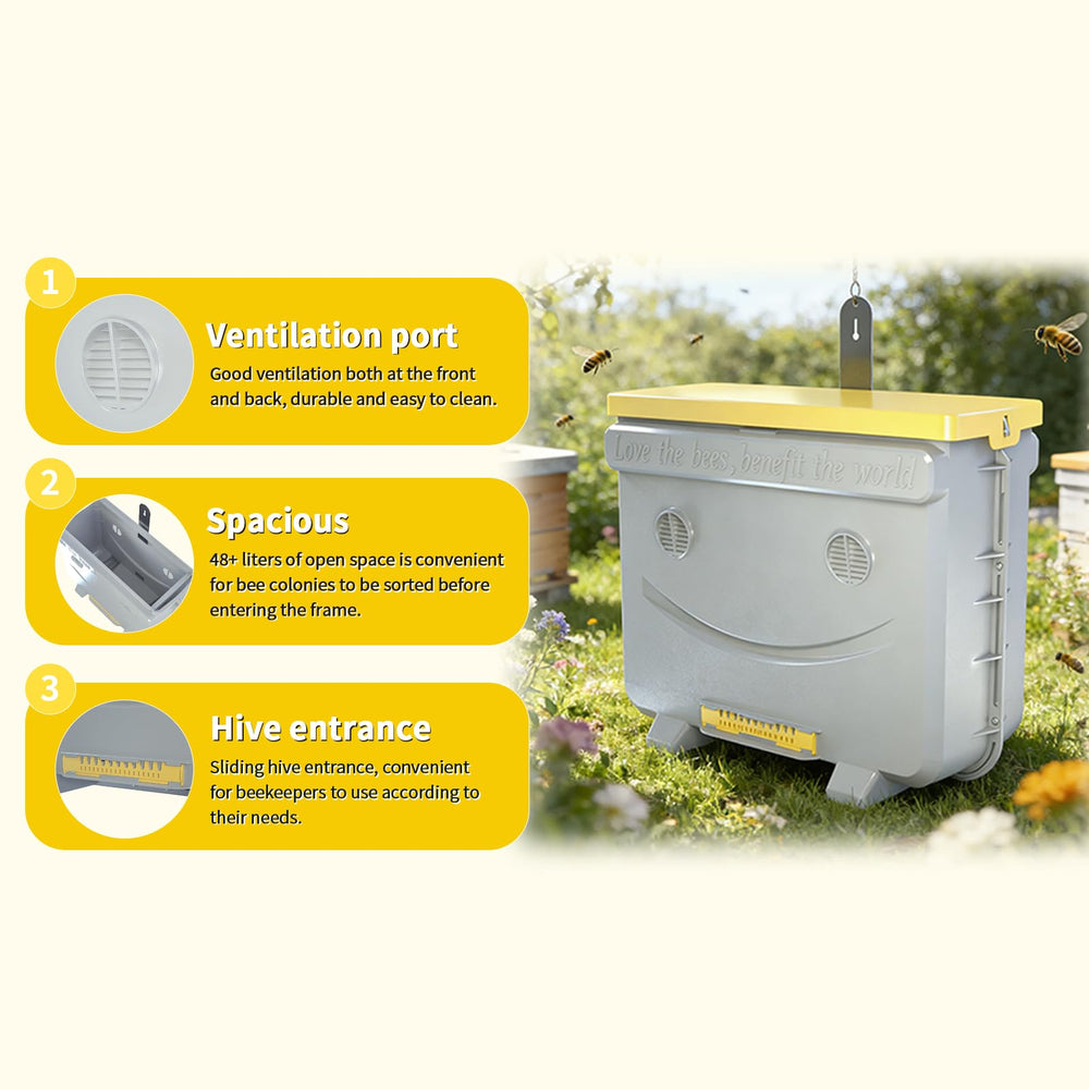 Benefitbee trap hive used for temporary swarm transfer showing field versatility benefit