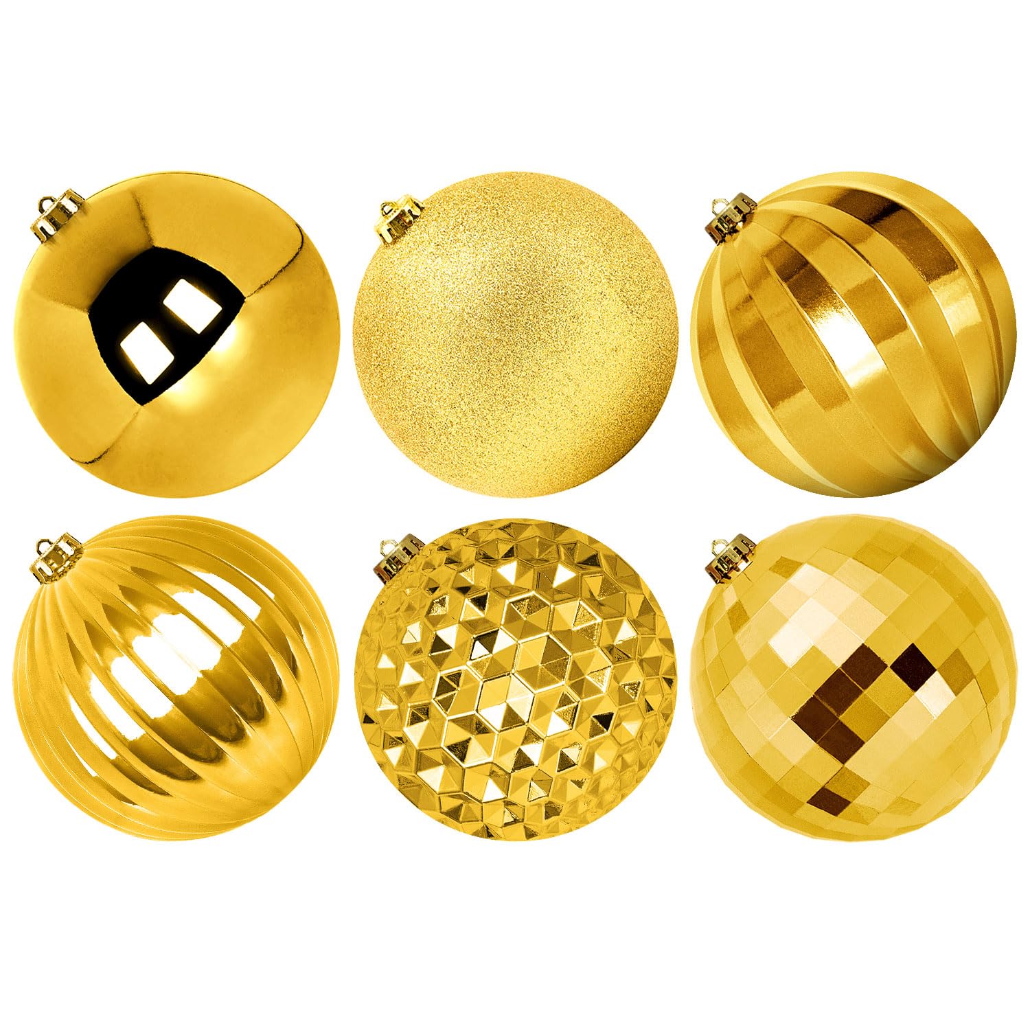 Benjia front view of six-pack gold ornaments showing finishes and size benefit