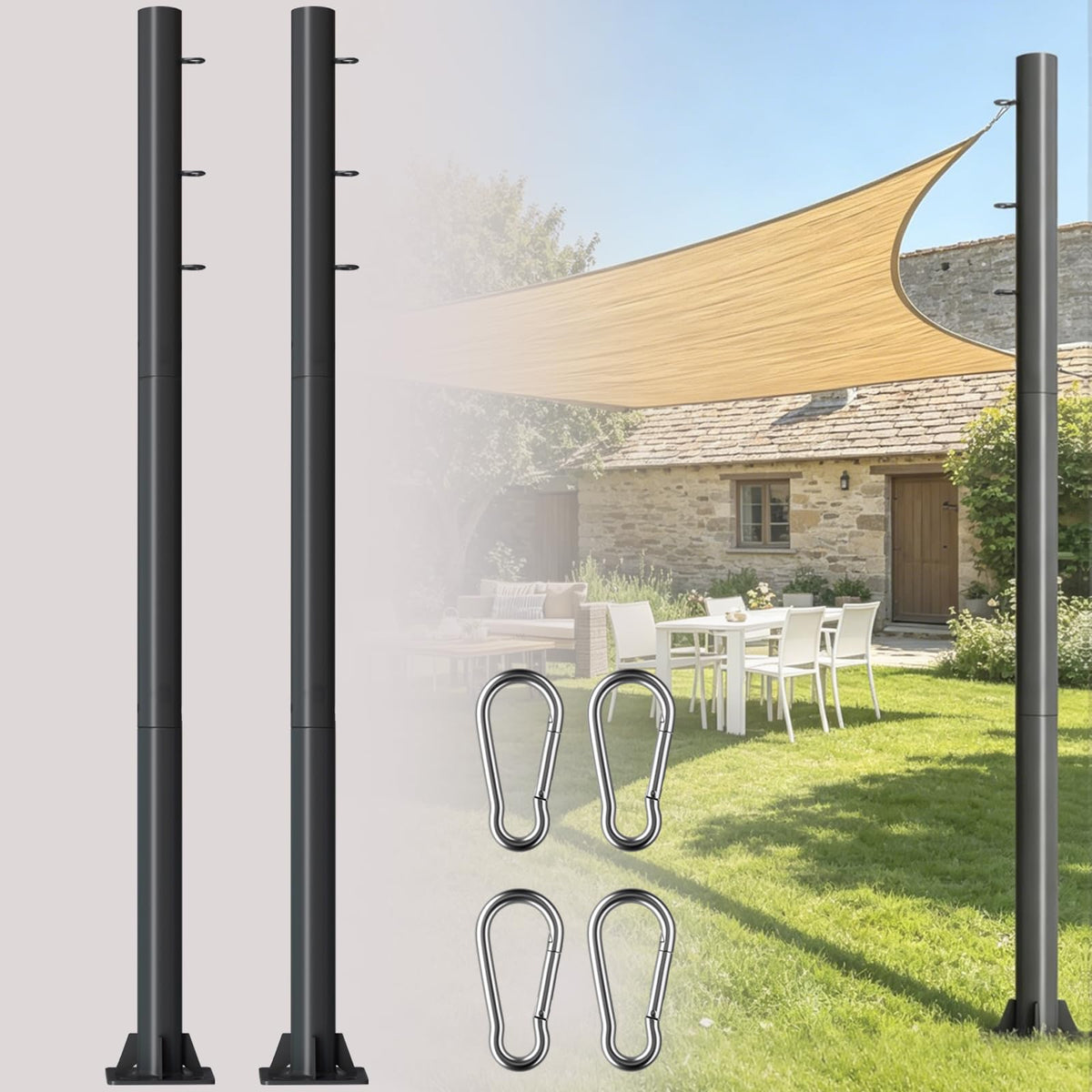 BeoYjVon front view of two packed shade sail poles showing kit contents and sturdiness