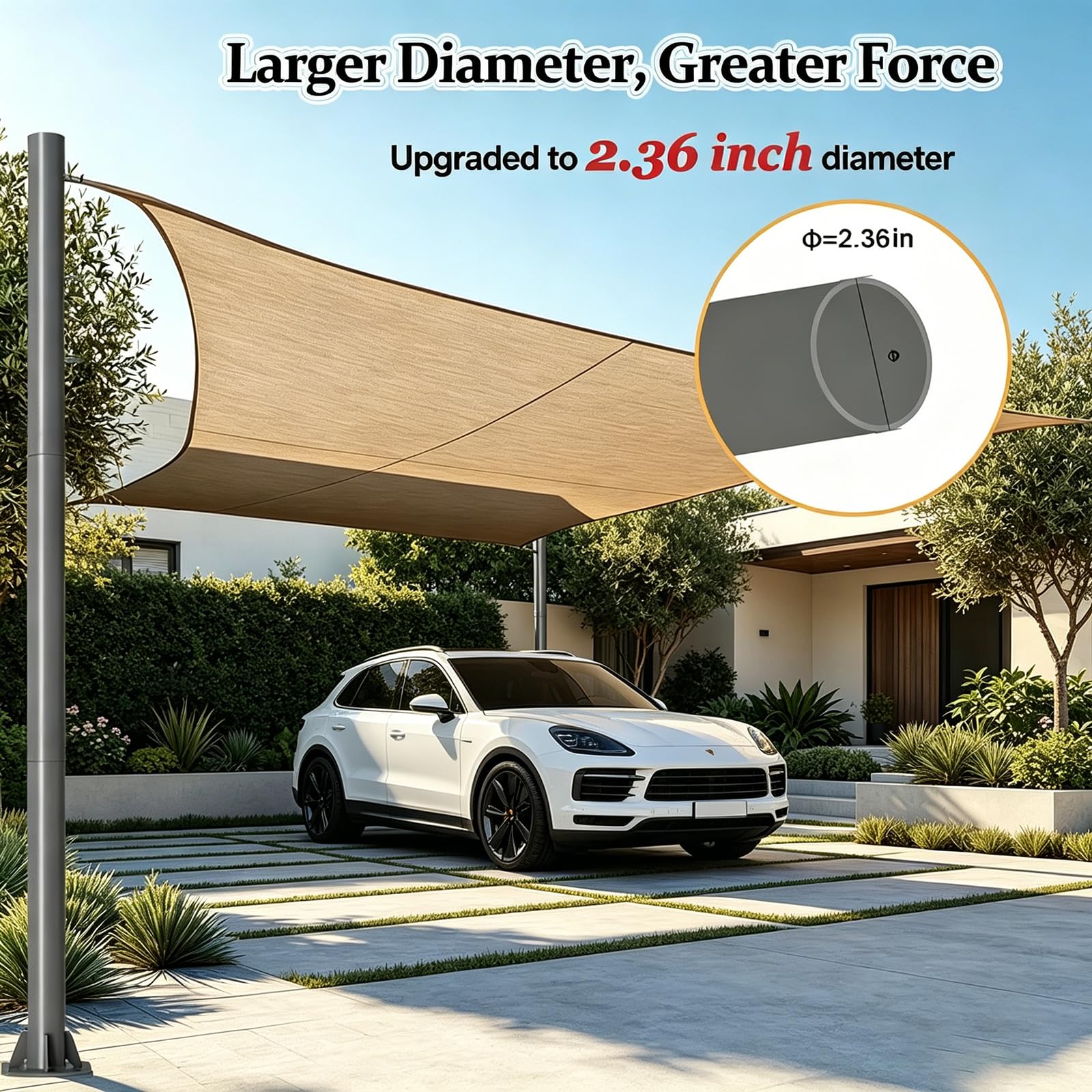 BeoYjVon poles installed holding a shade sail over patio for reliable sun protection