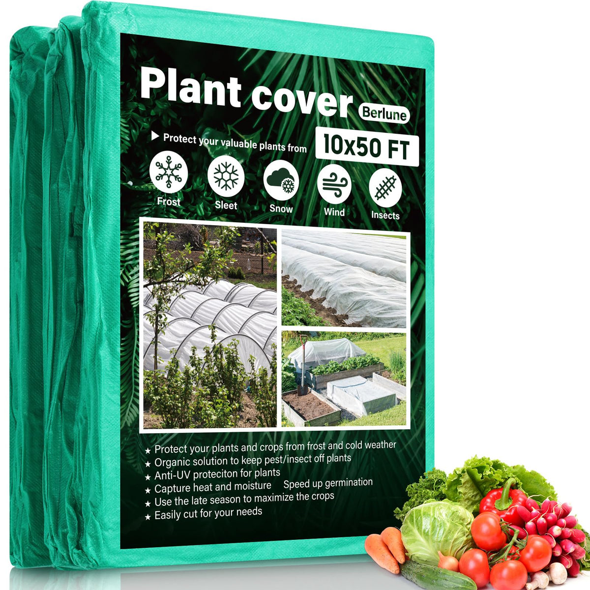 Berlune front view of folded frost blanket showing size and tidy garden benefit