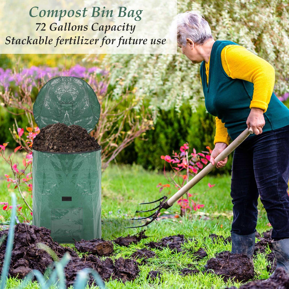Berlune bag beside rake and wheelbarrow showing scale and usability
