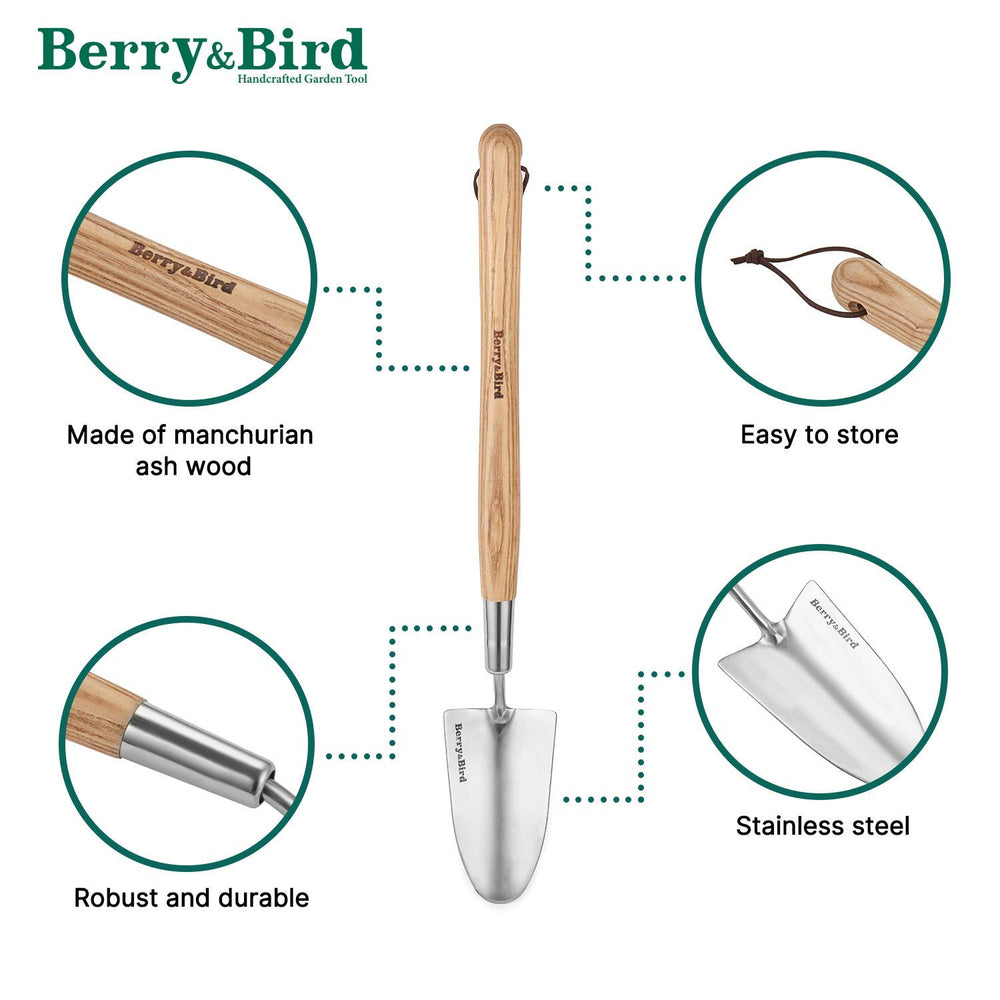 Berry&Bird stainless steel blade close-up highlighting pointed tip for precise digging