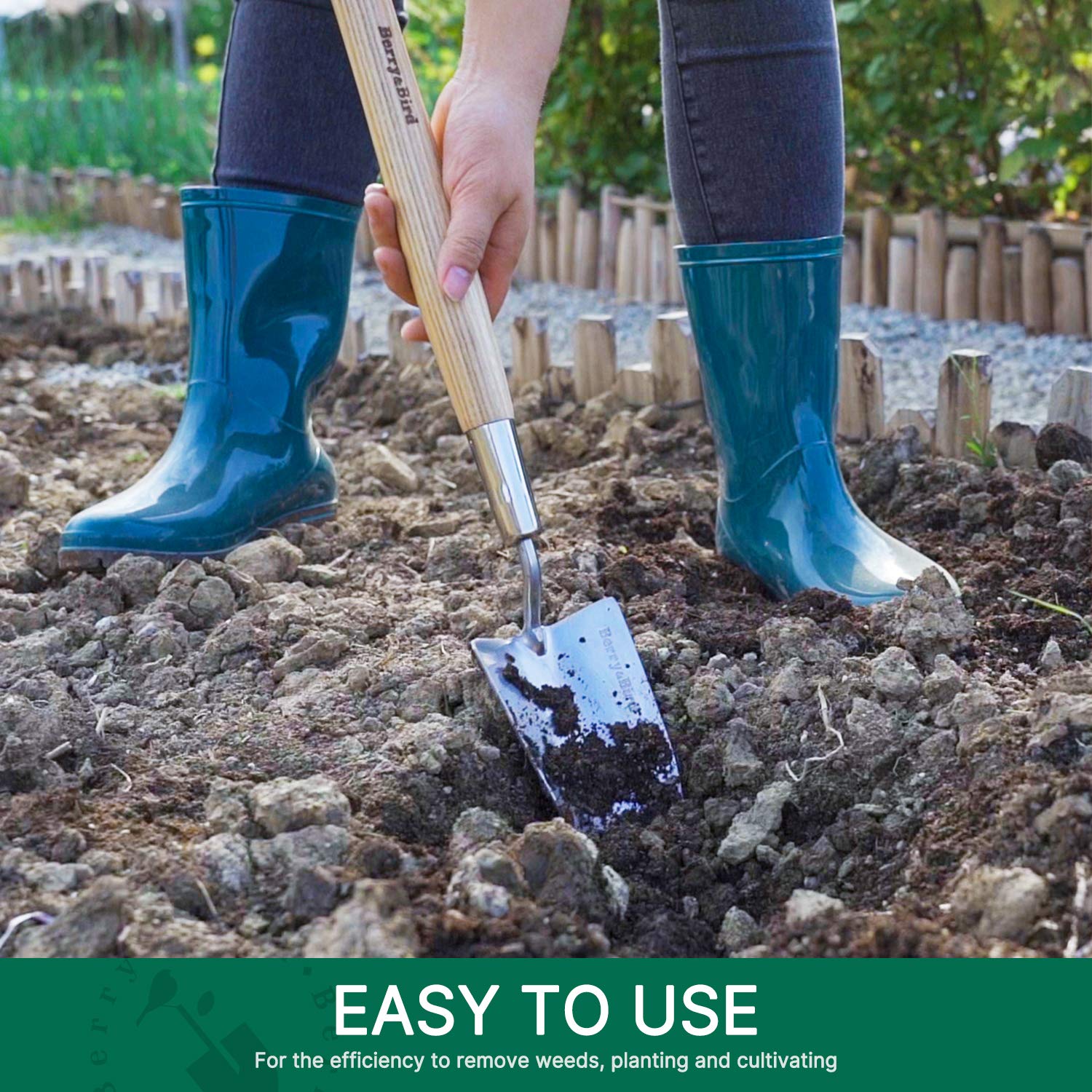 Berry&Bird trowel beside ruler showing 23.43in length for extended garden access