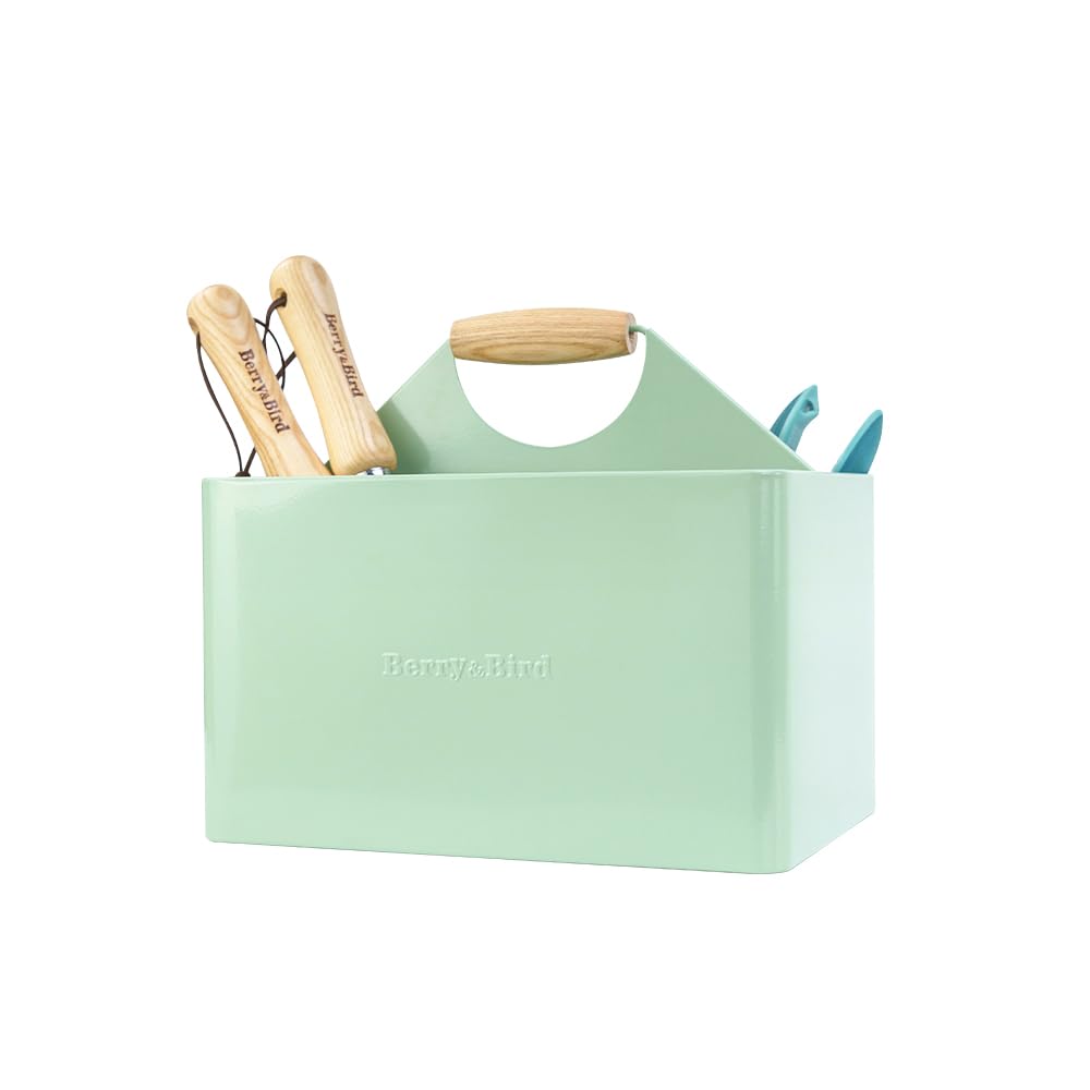 Berry&Bird front view of metal garden caddy showing neat organization and portability